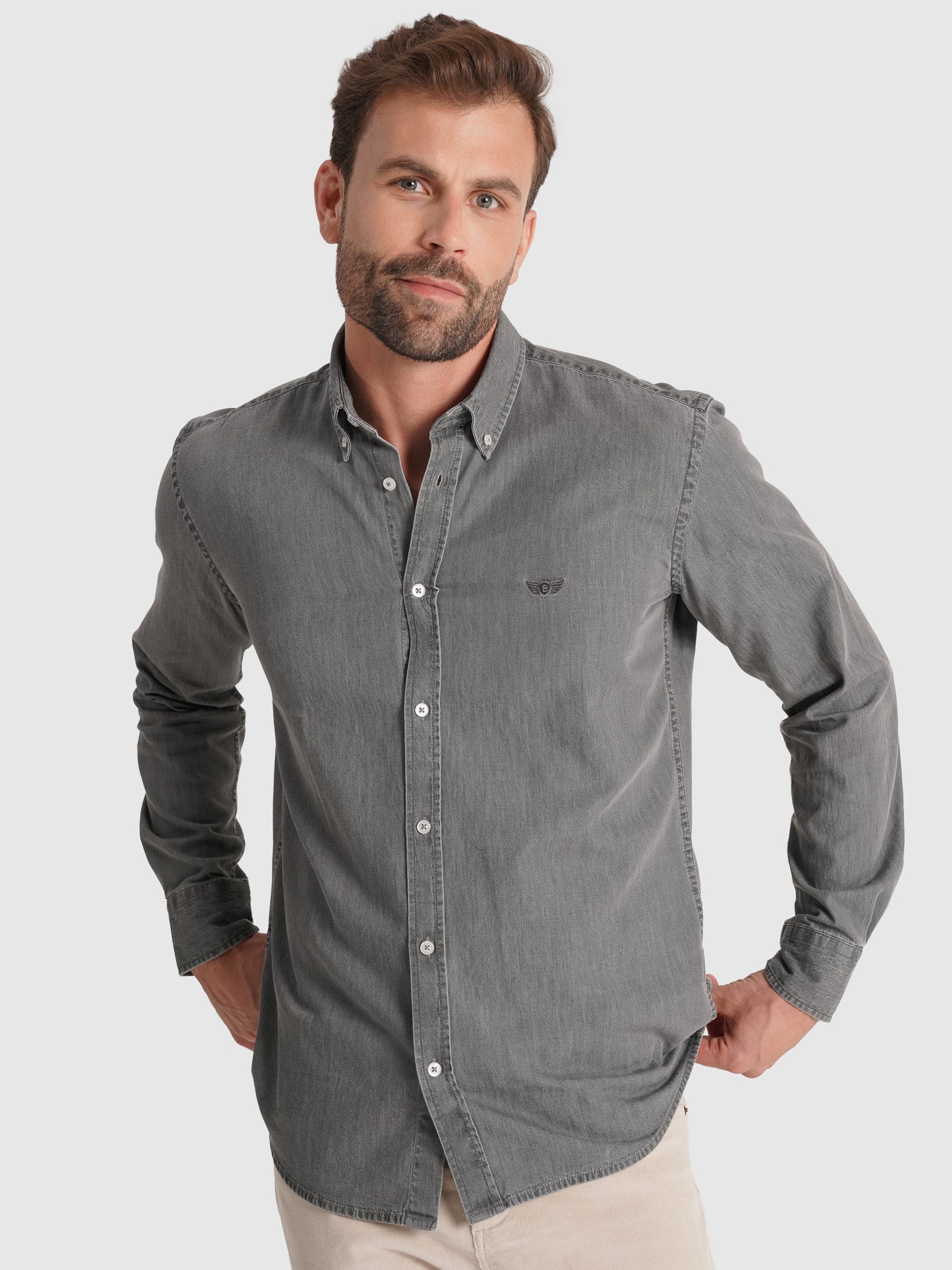 CAMISA ALGODÓN GRIS MANGA LARGA REGULAR FIT MR. AZUL