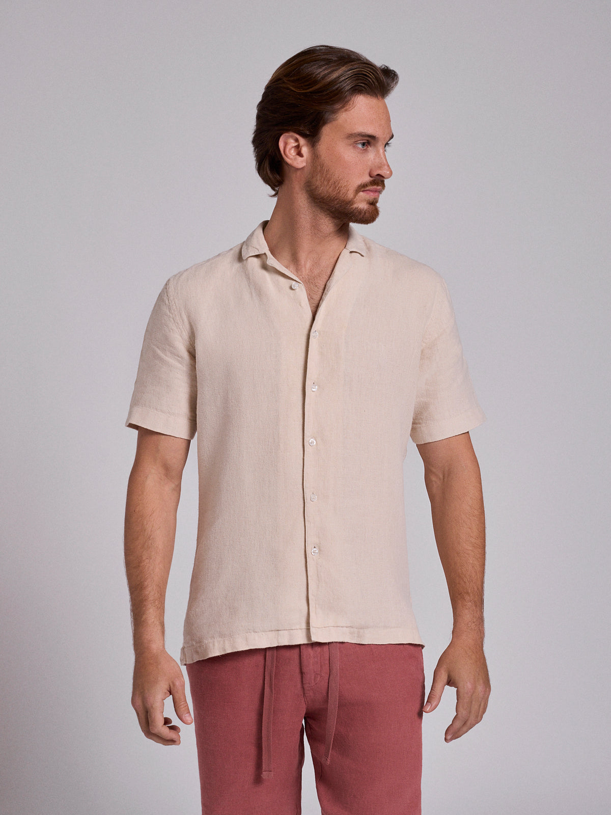 CAMISA LINO BEIGE MANGA CORTA REGULAR FIT MARK BELLUCCI