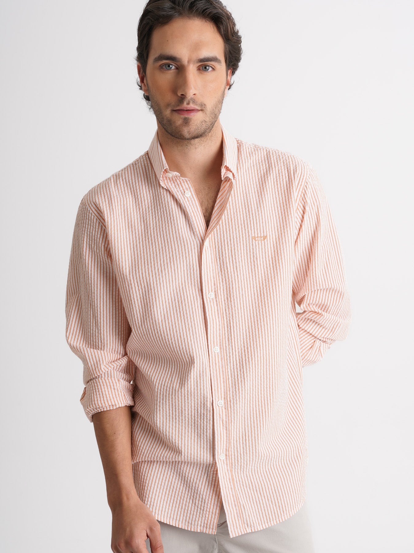 Camisa Regular Fit De Seersucker Naranja Mr. Blue
