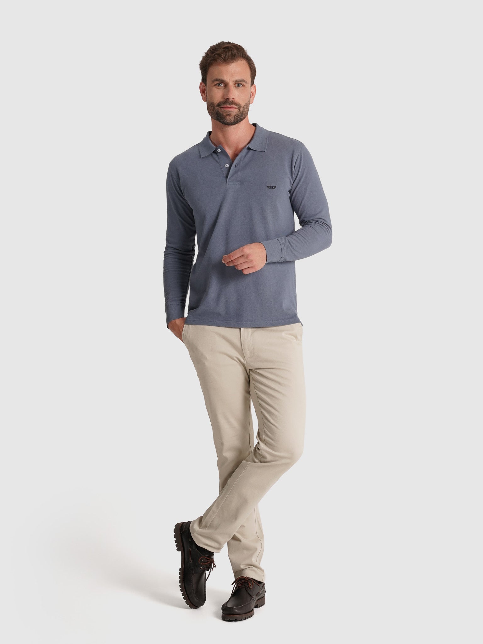 POLO ALGODÃO AZUL MANGA COMPRIDA REGULAR FIT MR. BLUE