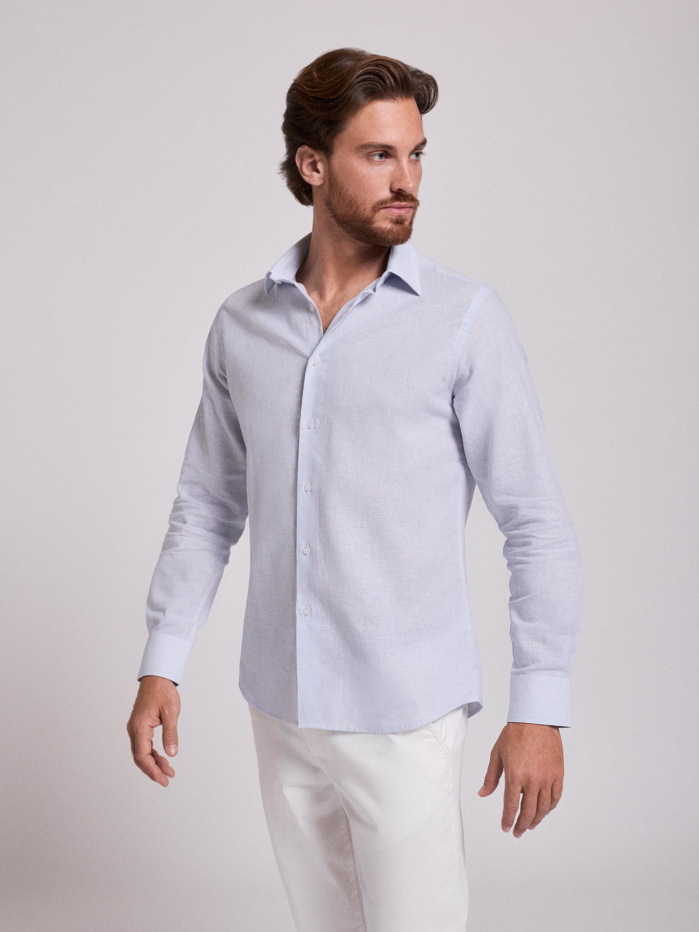 Camisa Linho Azul Manga Comprida Slim Fit Mr. Blue