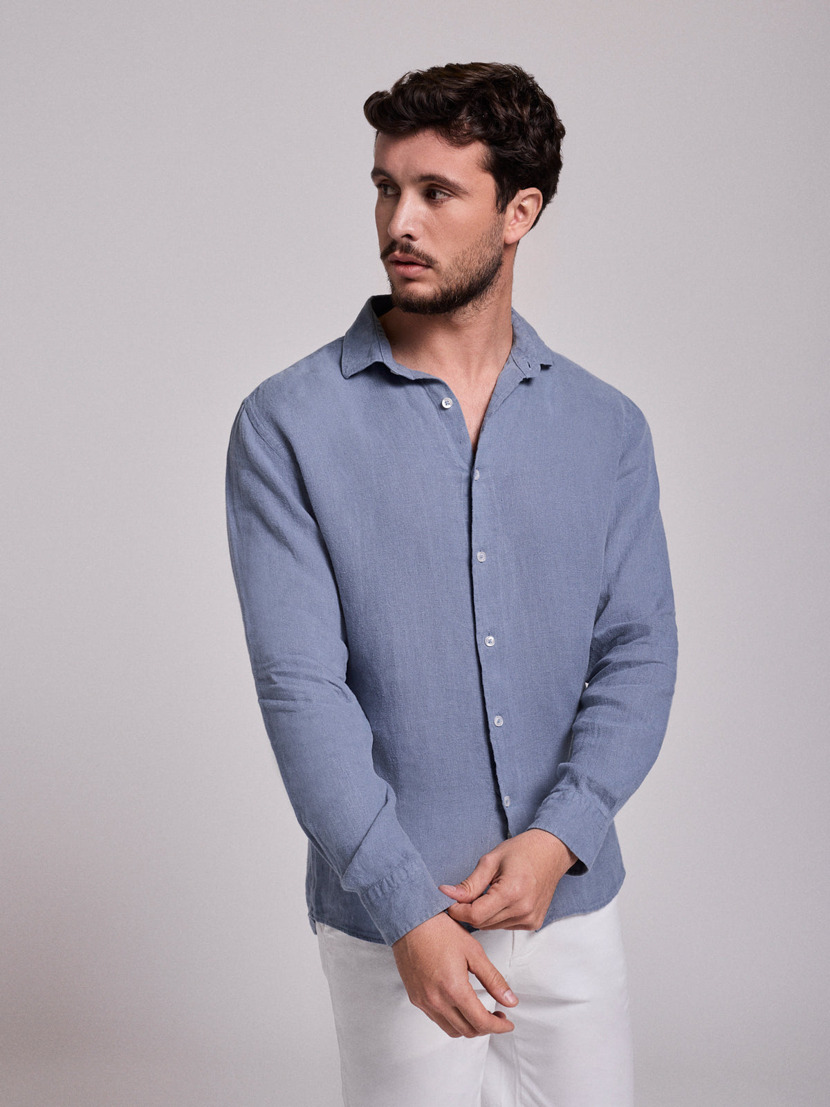 CAMISA LINO AZUL MANGA LARGA SASTRERÍA MARK BELLUCCI