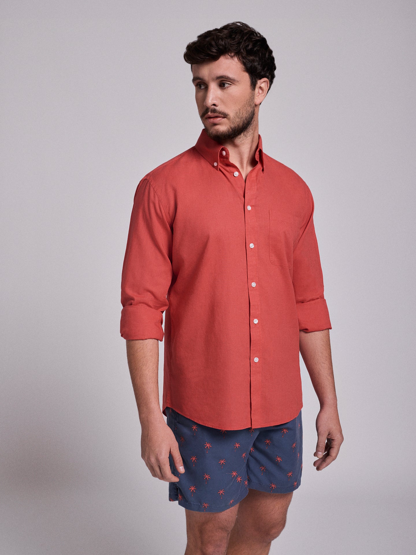 Camisa Linho Vermelha Manga Comprida Regular Fit Mr. Blue