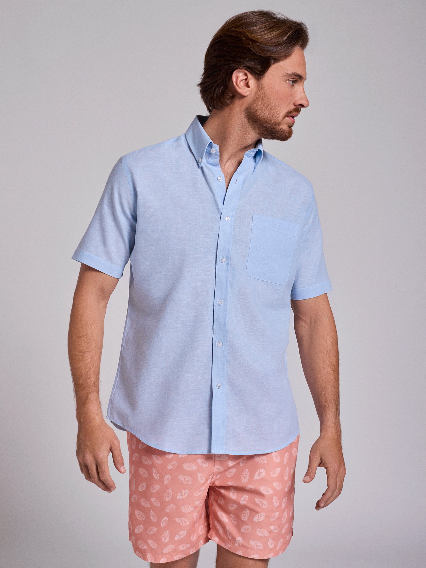 Camisa Linho Azul Manga Curta Regular Fit Mr. Blue