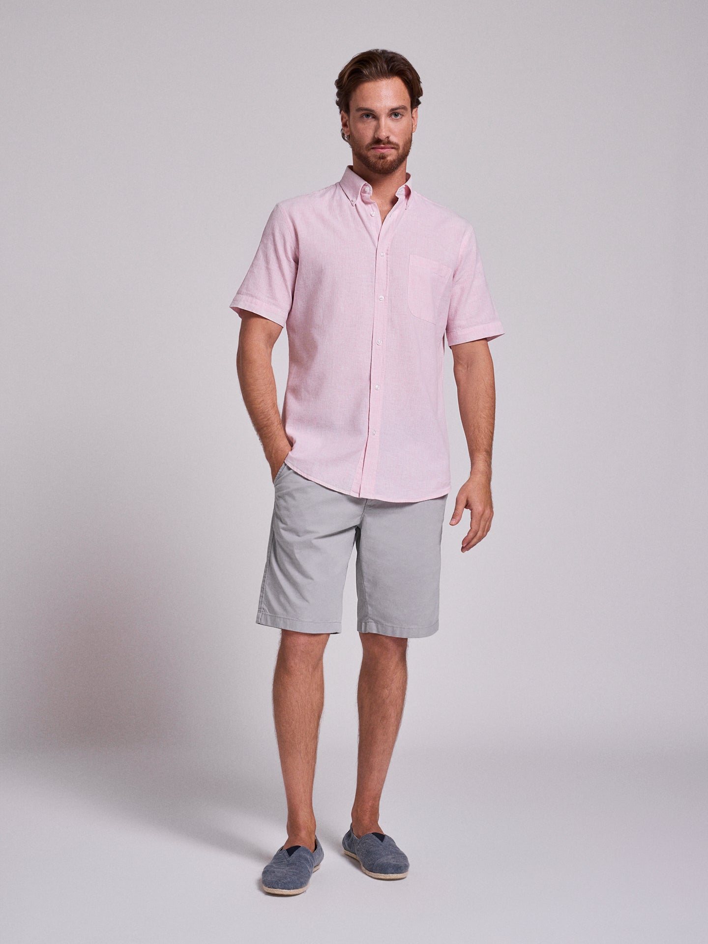 Camisa Linho Rosa Manga Curta Regular Fit Mr. Blue
