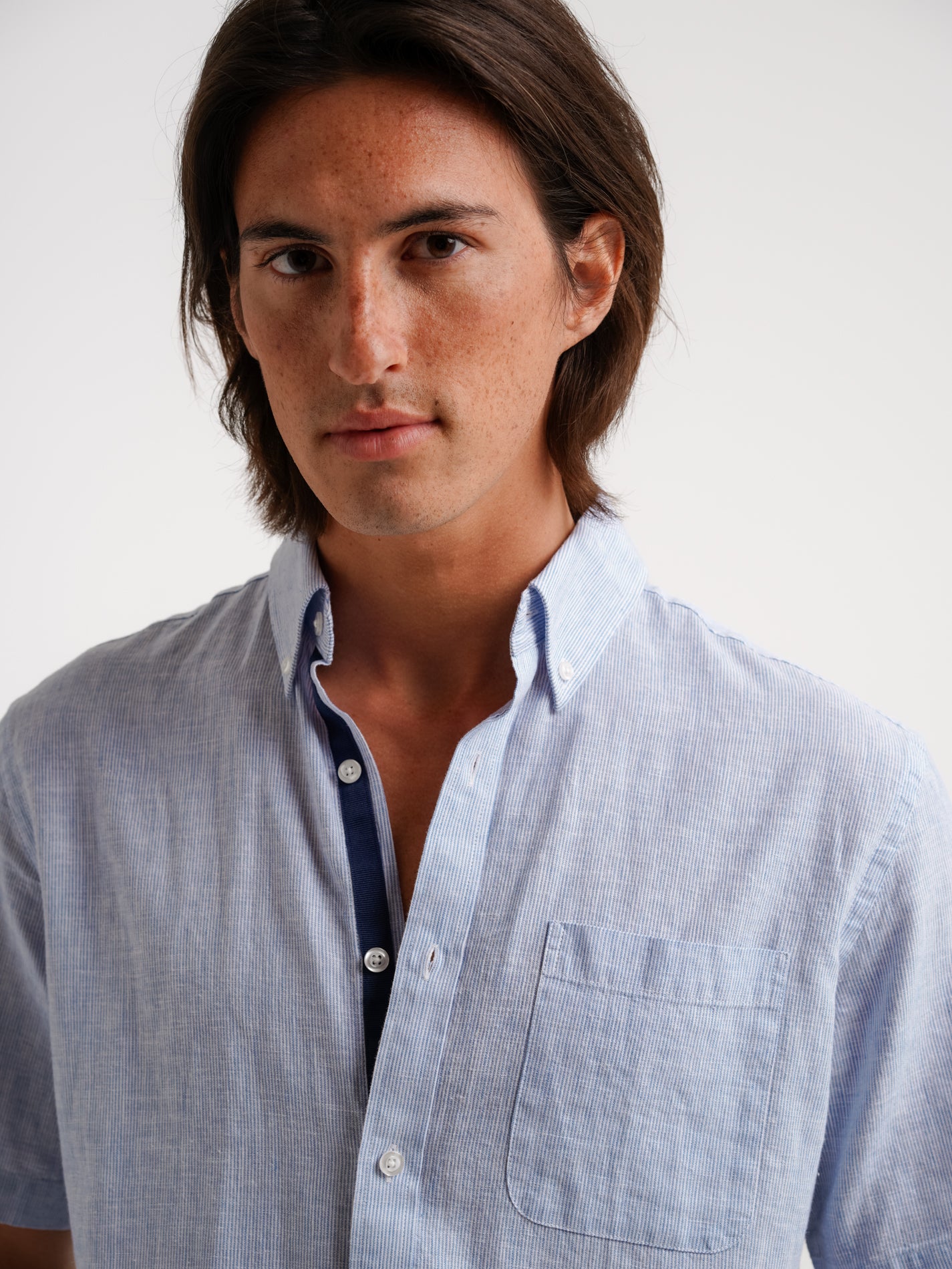 Camisa Linho Azul Manga Curta Regular Fit Mr. Blue