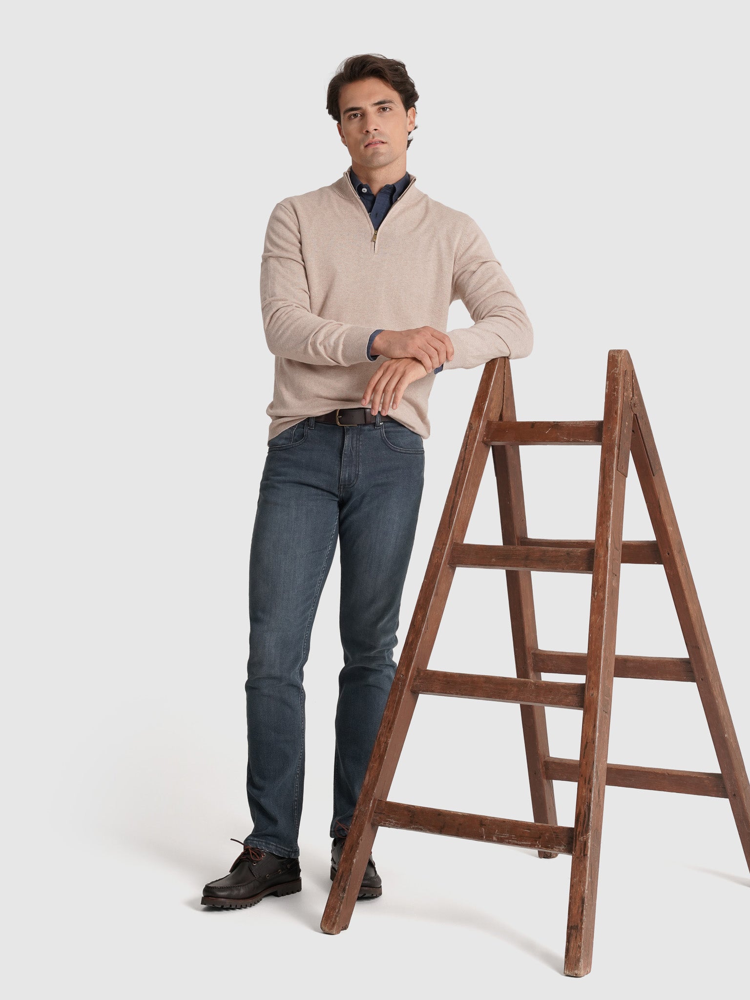 Pullover Caxemira Bege Manga Comprida Regular Fit Mr. Blue